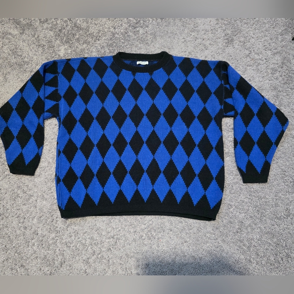 Men's Blue and Black Diamond Knit Sweater